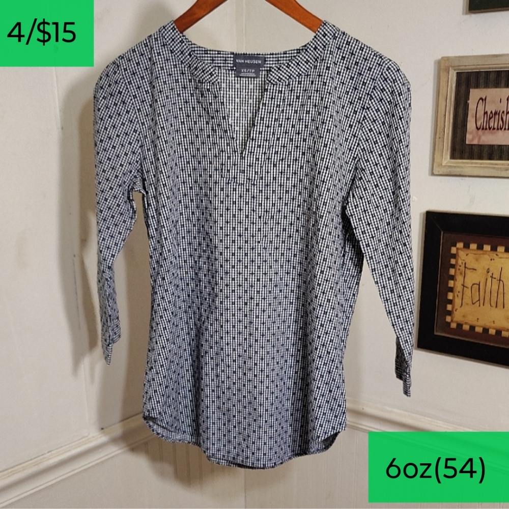 Van Heusen Blue and White Patterned V-Neck Blouse